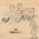 Caricature de six personnalités présentes à bord du Champlain (1932) dont Gaston Fayet, I. Lagarde, H. L. Azambuja. Un vieil homme marchant avec une pipe dans la bouche est représenté dans le coin inférieur droit.