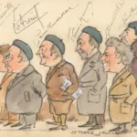 Caricature d'un groupe composé principalement de personnalité de l'opéra : Jean Veuille, Edouard Cotreuil, Giovanni Martinelli et René Maison