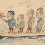 Caricature de célébrités à bord du France (1912) : Dieudonné Costes, Maurice Bellonte accompagnés d'Henri Véro et René Racover. Les quatre personnes sont liés au monde de l'aviation.