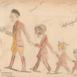 Caricature de l'aviateur George R. Hutchinson accompagné de sa femme et ses deux filles