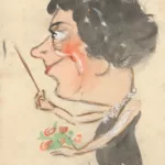 Caricature de Joséphine Harmon tenant une baguette de direction et un bouquet de fleurs dans les mains
