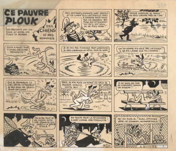 Bande-dessinée des aventures du chien humanisé "Plouk", un ancien navigateur
