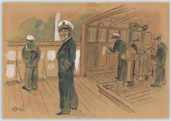 Caricature du Commandant et de membres de l'équipage dans la timonerie du paquebot Champlain (1932)