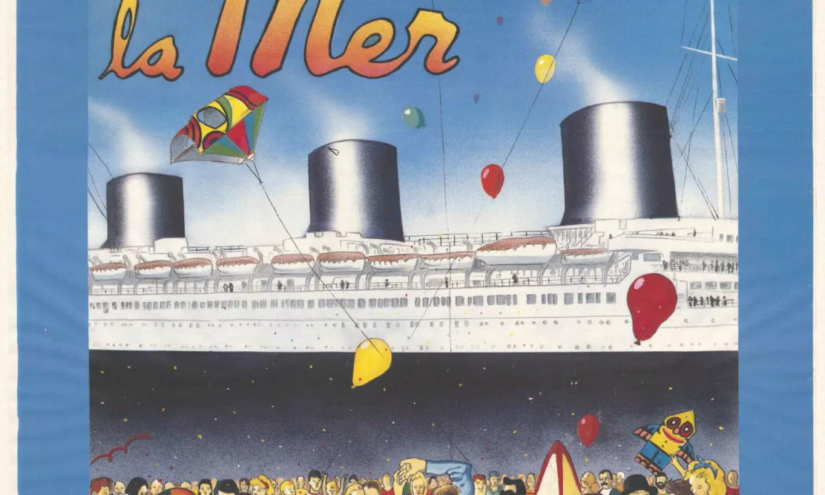 Affiche de la 4e édition de la Fête de la Mer à Saint-Nazaire représentant une foule bigarrée devant un paquebot.
