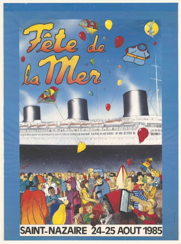 Affiche de la 4e édition de la Fête de la Mer à Saint-Nazaire représentant une foule bigarrée devant un paquebot.