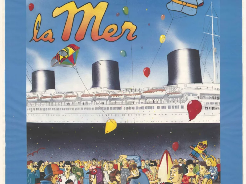 Affiche de la 4e édition de la Fête de la Mer à Saint-Nazaire représentant une foule bigarrée devant un paquebot.