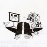 Dessin d'un mousse de sonnerie installé sur une cheminée du paquebot France (1962) en train de diffuser un film sur un écran de cinéma