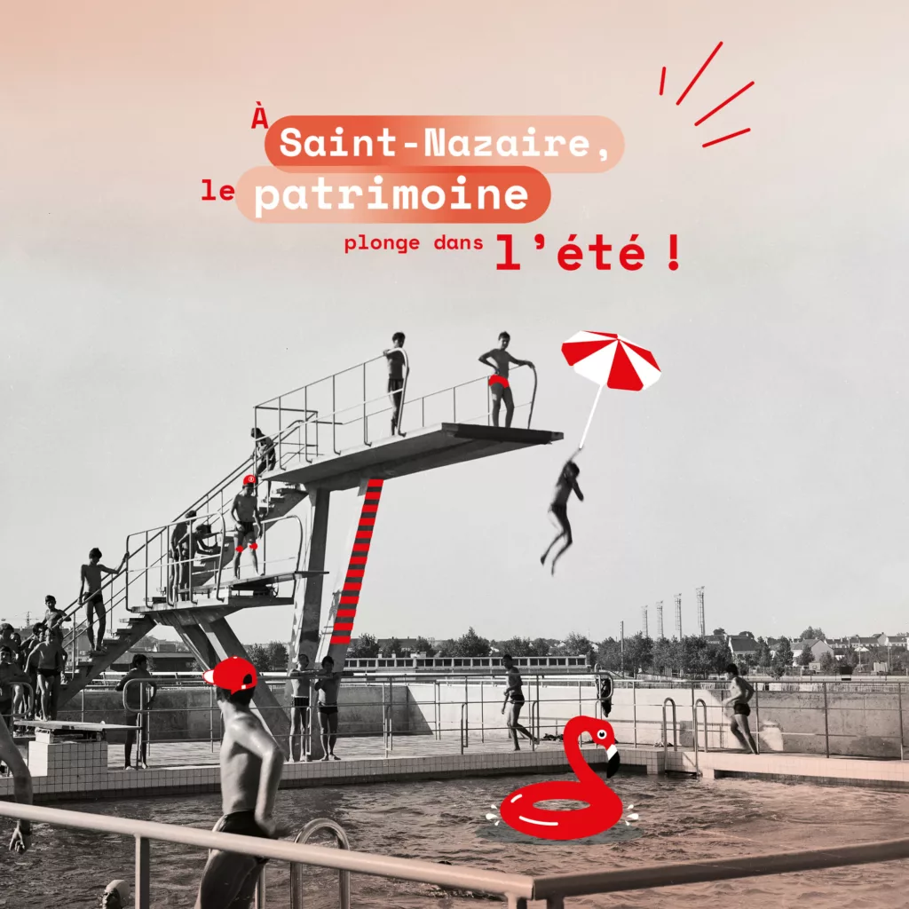 Affiche de la Saison patrimoine de l'été 2025 utilisant une photographie noir et blanc d'enfants sautant d'un plongeoir à la piscine Léo Lagrange de Saint-Nazaire.