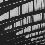 Photographie noir et blanc du toit des halles centrales de Saint-Nazaire vu de l'intérieur.