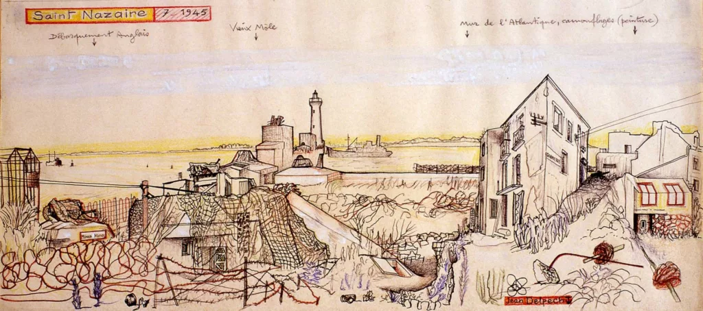 © ADAGP, Paris 2025. Dessinateur : Jean Delpech. Collection Saint-Nazaire Agglomération Tourisme - Écomusée. Cliché Jean-Claude Lemée. Dessin du quartier du Petit Maroc en ruine