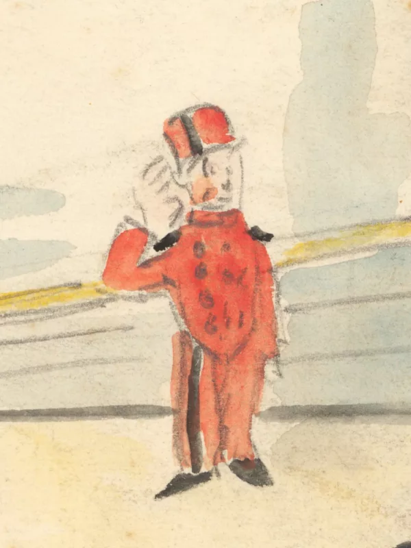 Détail d'une caricature représentant un groom à bord du paquebot Ile-de-France (1927).