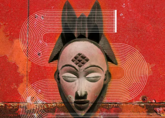 Affiche du spectacle conté "Rouge. Mémoires d'un fleuve" représentant un masque Punu d'Afrique centrale sur un fond métallique rouge.
