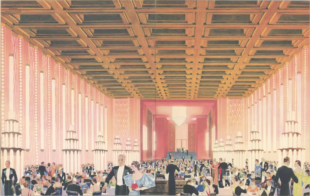 Illustration colorée provenant d'une brochure représentant la salle à manger de première classe du paquebot Normandie (1935).