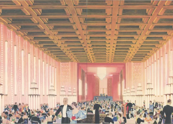 Illustration colorée provenant d'une brochure représentant la salle à manger de première classe du paquebot Normandie (1935).