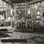 Montage des superstructures du dragueur de mines Vega (1954) dans une alvéole de la base sous-marine, 13 mars 1953.