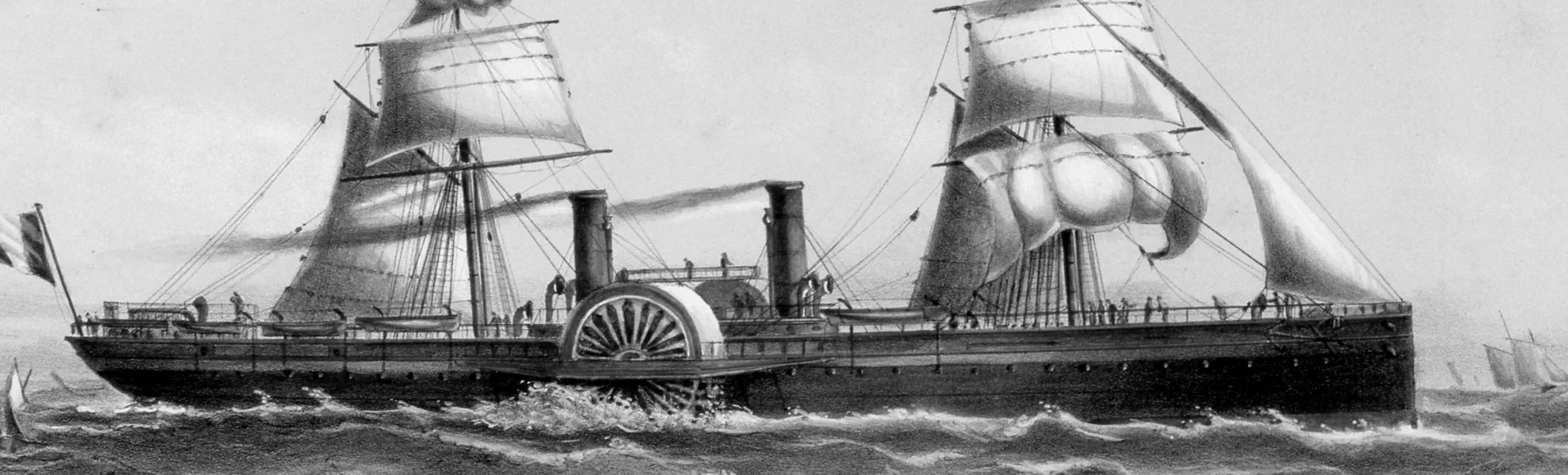 Lithographie de 1865 montrant le paquebot à roues à aubes Impératrice Eugénie naviguant sur une mer agitée, avec ses voiles déployées et ses cheminées fumantes.