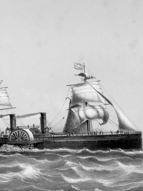 Lithographie de 1865 montrant le paquebot à roues à aubes Impératrice Eugénie naviguant sur une mer agitée, avec ses voiles déployées et ses cheminées fumantes.