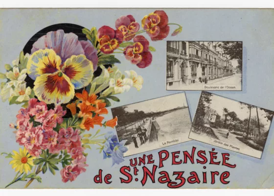 Carte postale ancienne de Saint-Nazaire illustrée de fleurs et trois vues : Boulevard de l'Océan, Le Remblai et Jardin des Plantes.