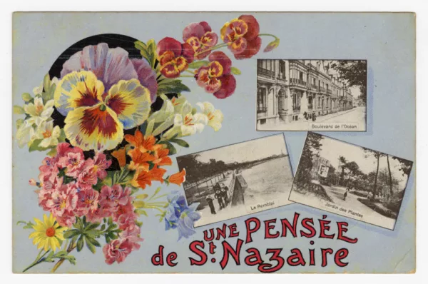 Photographe inconnu. Éditeur : Artaud et Nozais. Collection Saint-Nazaire Agglomération Tourisme- Écomusée Carte postale ancienne de Saint-Nazaire illustrée de fleurs et trois vues : Boulevard de l'Océan, Le Remblai et Jardin des Plantes.