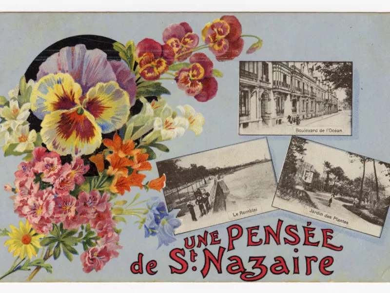Carte postale ancienne de Saint-Nazaire illustrée de fleurs et trois vues : Boulevard de l'Océan, Le Remblai et Jardin des Plantes.