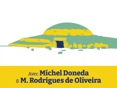 Illustration stylisée du tumulus de Dissignac avec entrée monumentale, dans des tons jaune et vert, pour l’événement « Improvisations au tumulus » du Festival de l’Eau #3