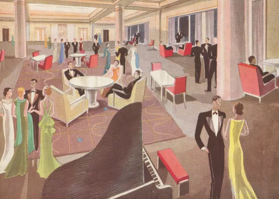 Représentation du grand salon de deuxième classe du paquebot Normandie (1935). De nombreux passagers en tenue de soirée discutent, s'asseyent autour de tables basses ou s'apprêtent à danser. Au premier plan, un piano à queue noir et son banc rouge.